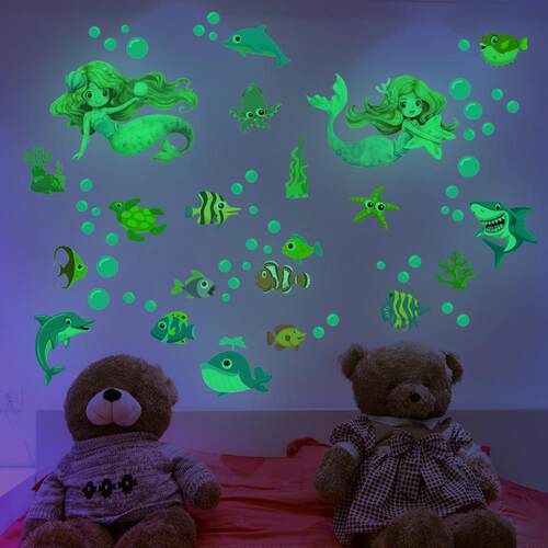 亚马逊夜光海底世界海洋鱼鲨鱼卡通墙贴荧光贴纸儿童房装饰贴