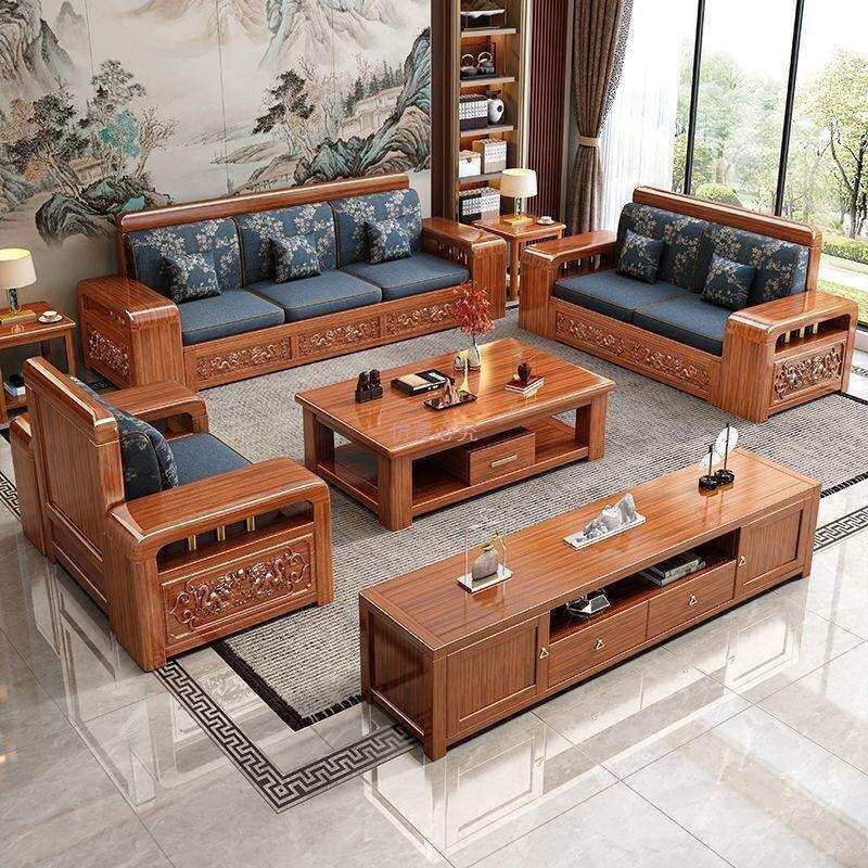 胡桃木金丝实木中式沙发客厅组合小户型冬夏两用雕花储物家具家用