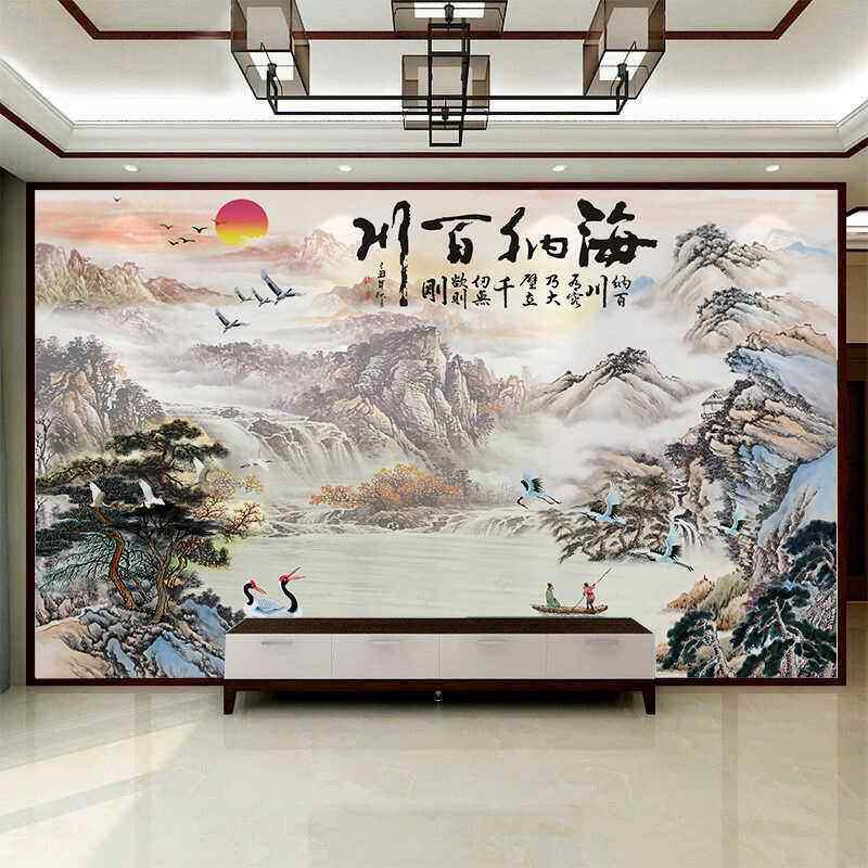 8D新中式轻奢风山水画客厅壁画沙发电视背景墙壁画墙布3d立体墙贴