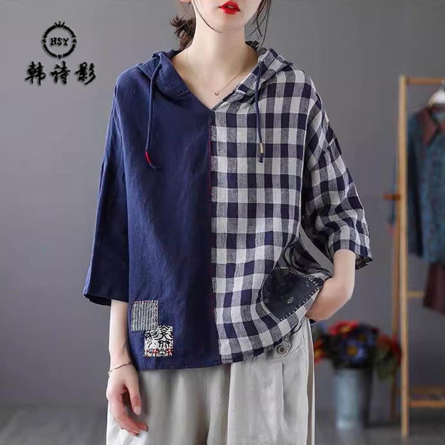 复古格纹连帽T恤衫女2026夏季撞色贴布衬衣百搭休闲减龄棉麻上衣