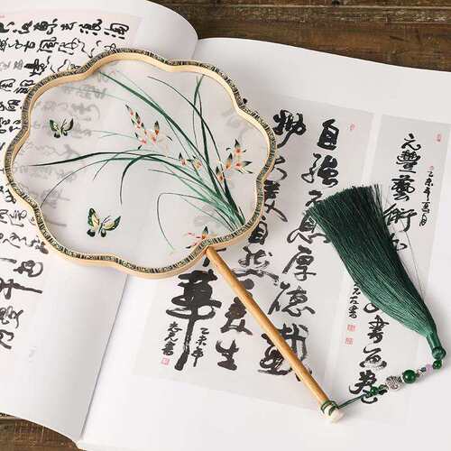 苏绣团扇手工绣真丝宫扇湘妃竹工艺扇子绣花中国风团扇兰花卉