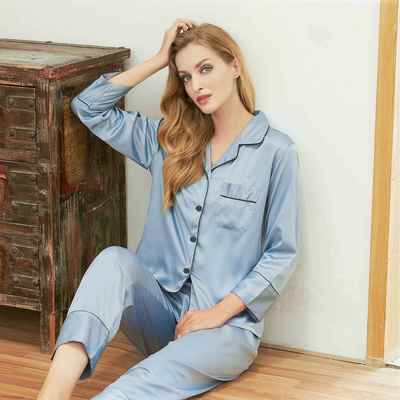 Couple silk pajamas suit women ice silk sexy thin long