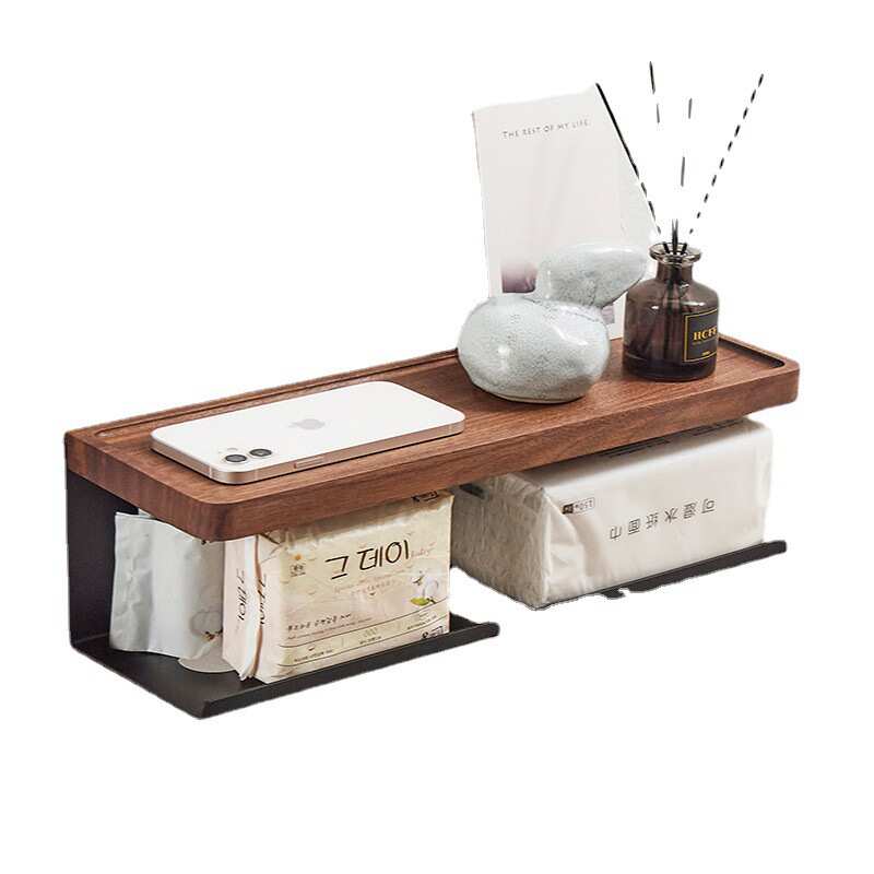 实木纸巾盒厕所手纸架卫生间实木免打孔双卷纸架创意手机置物架