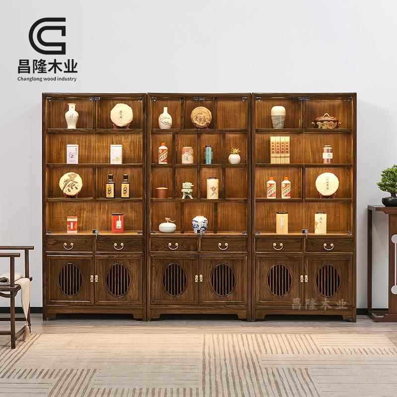 0A酒老榆木室新中式实架木书柜柜带灯玻璃门书架JG009博古置物架