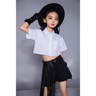 女童衬衫流苏牛仔套装黑白配西部牛仔秀服潮服车模童模服装运动风