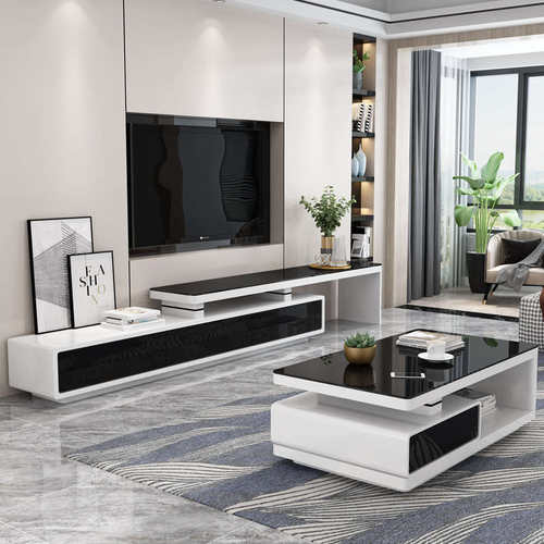 现代简约可伸缩黑白茶几电视柜组合套装小户型客厅地柜成套家具