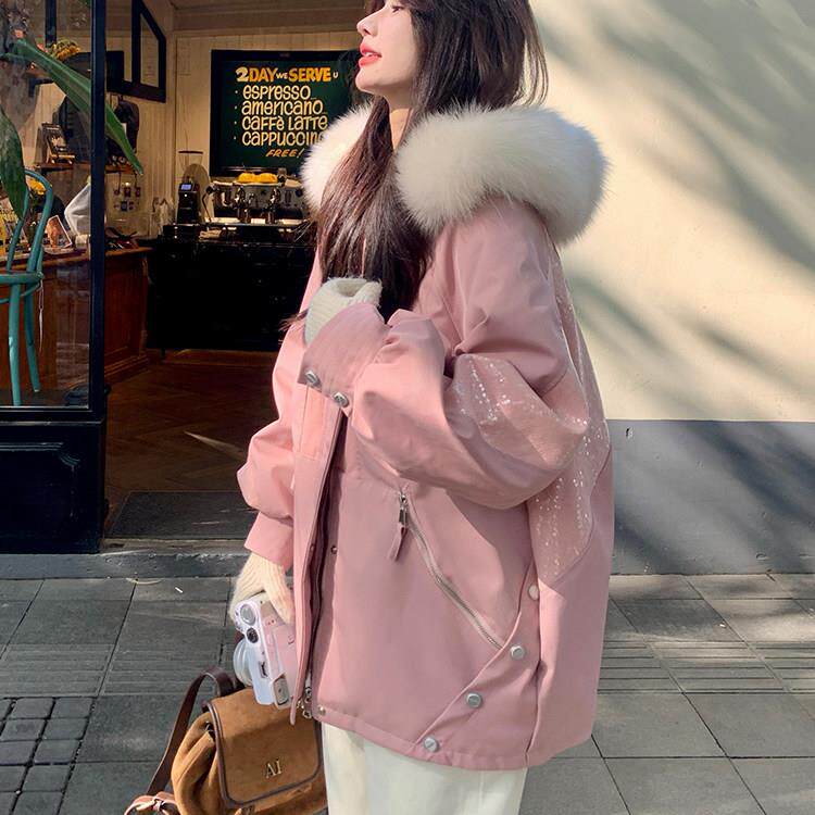 香港冬季新款韩版大毛领拼接工装派克服女高级感加绒保暖棉服外套