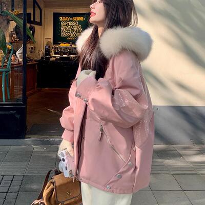 香港冬季新款韩版大毛领拼接工装派克服女高级感加绒保暖棉服外套