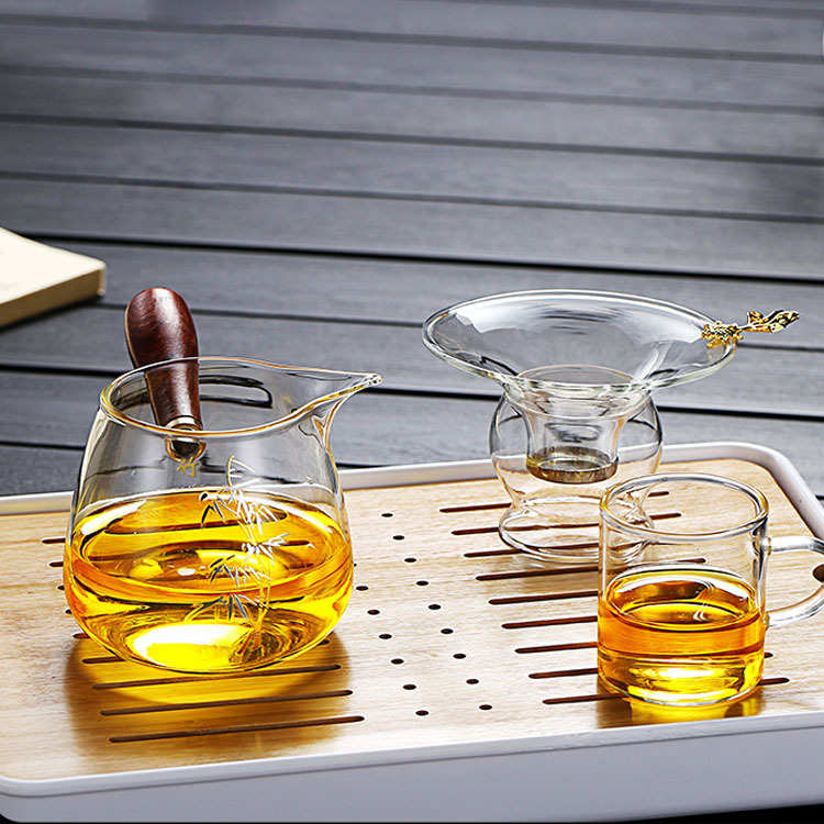 高硼硅公道杯玻璃分茶器家用茶具茶海匀杯侧把公道杯木手柄公道杯