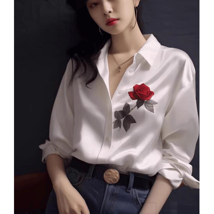 白色印花醋酸缎面真丝衬衫女高级感轻奢名媛上衣别致长袖冰丝衬衫