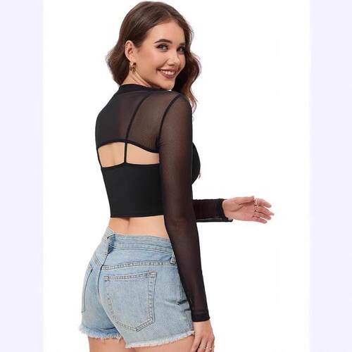 Open navel top, long sleeved, enterprise neck, transparent