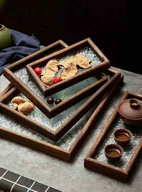 海棠花托 托盘玻璃茶盘覆古长方形绿色透明木质边框咖啡点心家用