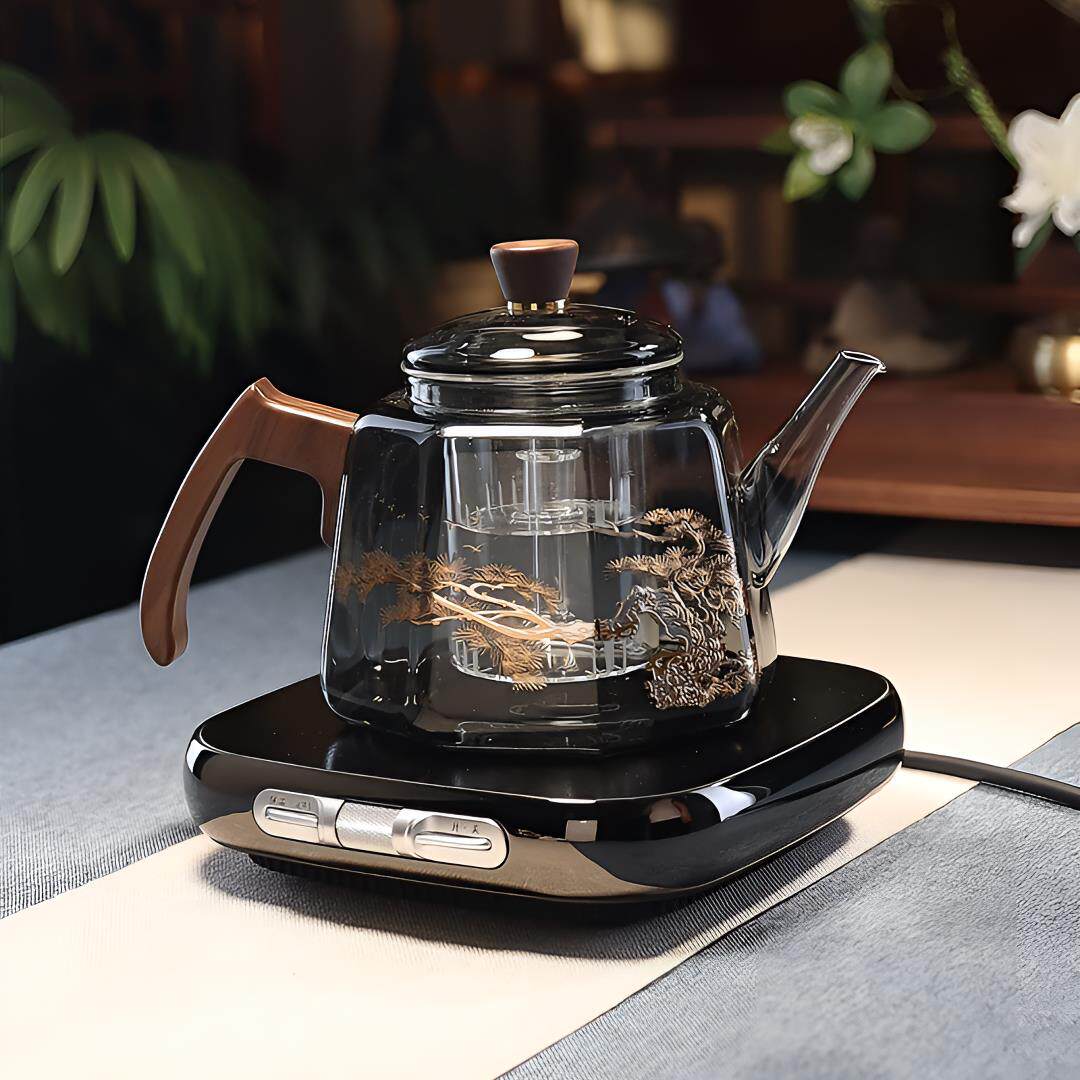 耐热玻璃木把印花煮茶壶养生壶高档黑晶炉大容量烧水玻璃茶具茶器