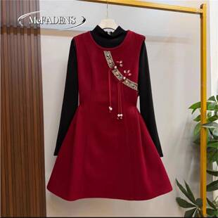 香港大码气质国风套装裙女胖mm复古盘扣设计显瘦马甲连衣裙两件套