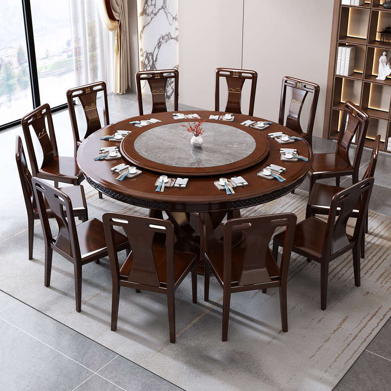 新中式实木圆桌酒店饭店餐馆家用实木岩板餐桌椅8人10人12人饭桌