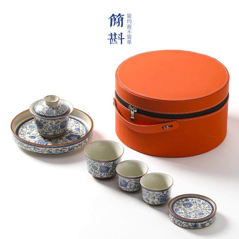 旅行茶具套装高端外出便携式外出旅游户外露营陶瓷青花瓷一套带包