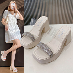 仙女风新款高跟高级感厚底女水钻夏季外穿一字透明凉鞋女粗跟拖鞋