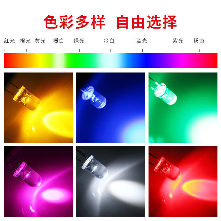 LED发光二极管F5圆头短脚高亮鼠标灯珠白光红蓝绿黄光直插LED灯珠