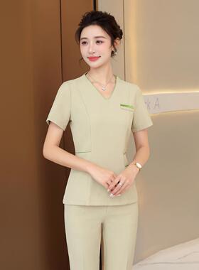 草绿色美容师工作服女春夏高端气质皮肤管理足浴足疗中式美容工装