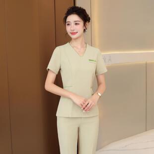 草绿色美容师工作服女春夏高端气质皮肤管理足浴足疗中式美容工装