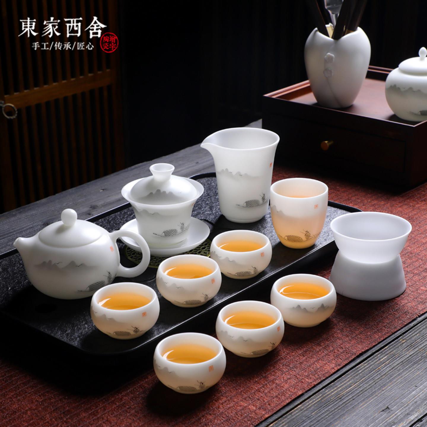 德化白瓷冰种玉瓷功夫茶具手绘水墨中国风套装素烧羊脂玉盖碗茶壶