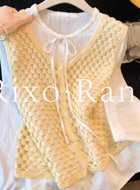 法国Rixo Rane 重磅推荐镂空坎肩针织开衫女叠穿长袖衬衫两件套
