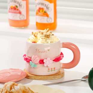 新款直销郁金香马克杯带盖勺高级感女生花朵陶瓷杯高颜值可爱ins