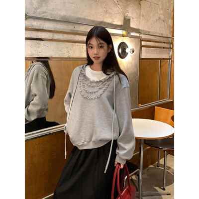 韩版灰色木耳领高级感连帽卫衣女设计蕾丝拼接秋冬宽松慵懒风上衣