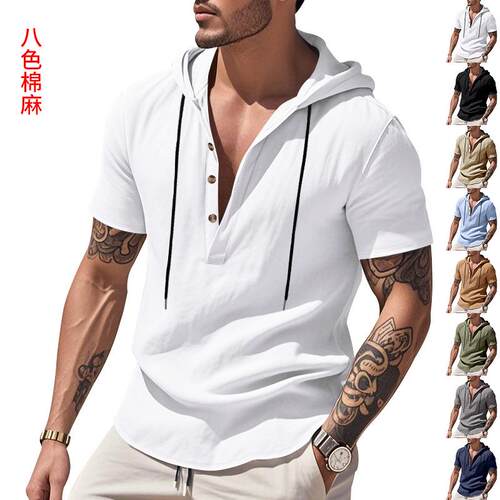Men's linen breathable beach hooded short sleeved shirt