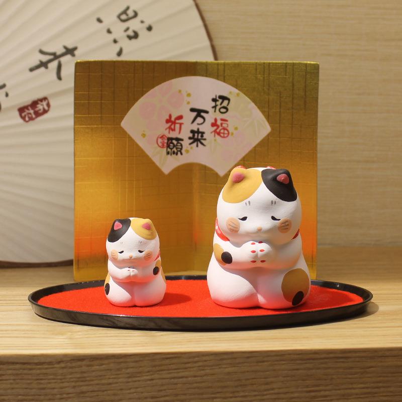 乐喵进口日式龙虎作陶瓷素烧擺件招财猫亲子店铺家居开业家用摆件