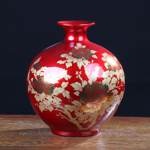 水晶釉石榴瓶景德镇陶瓷器花瓶摆件家居红色客厅博古架结婚装饰品
