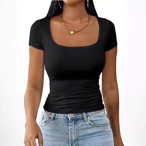 Women'S Solid Color Square Neck Tee, Casual Basic Short