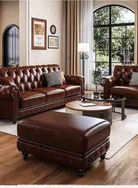 式复美古蜡沙发三四36792人位直排中古风油棕色别沙发客厅墅家具