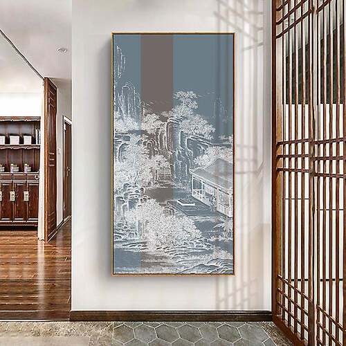 亭台楼阁 新中式中国风建筑进门玄关装饰画走廊过道挂画竖版壁画