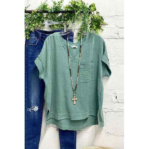 Women's cotton and linen fringed T-shirt with short front