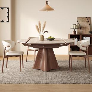 中古风岩板实木折叠餐桌2025新款伸缩可变圆桌方圆两用美式小户型