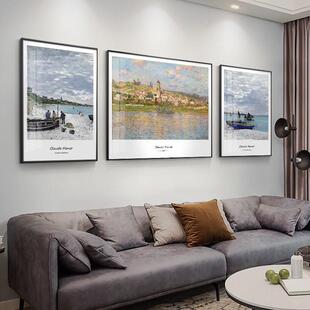 日出印象派莫奈装 饰画世界名画油画客厅挂画抽象沙发背景墙三联画