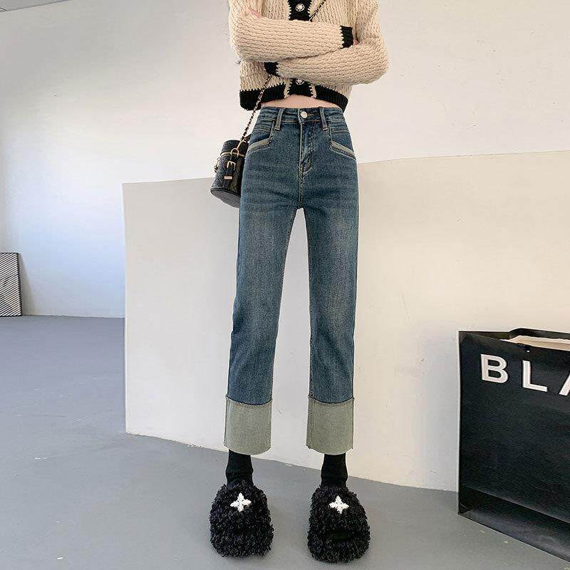 复古直筒牛仔裤女网红春款小个子百搭弹力高腰拼接翻边烟管裤定制