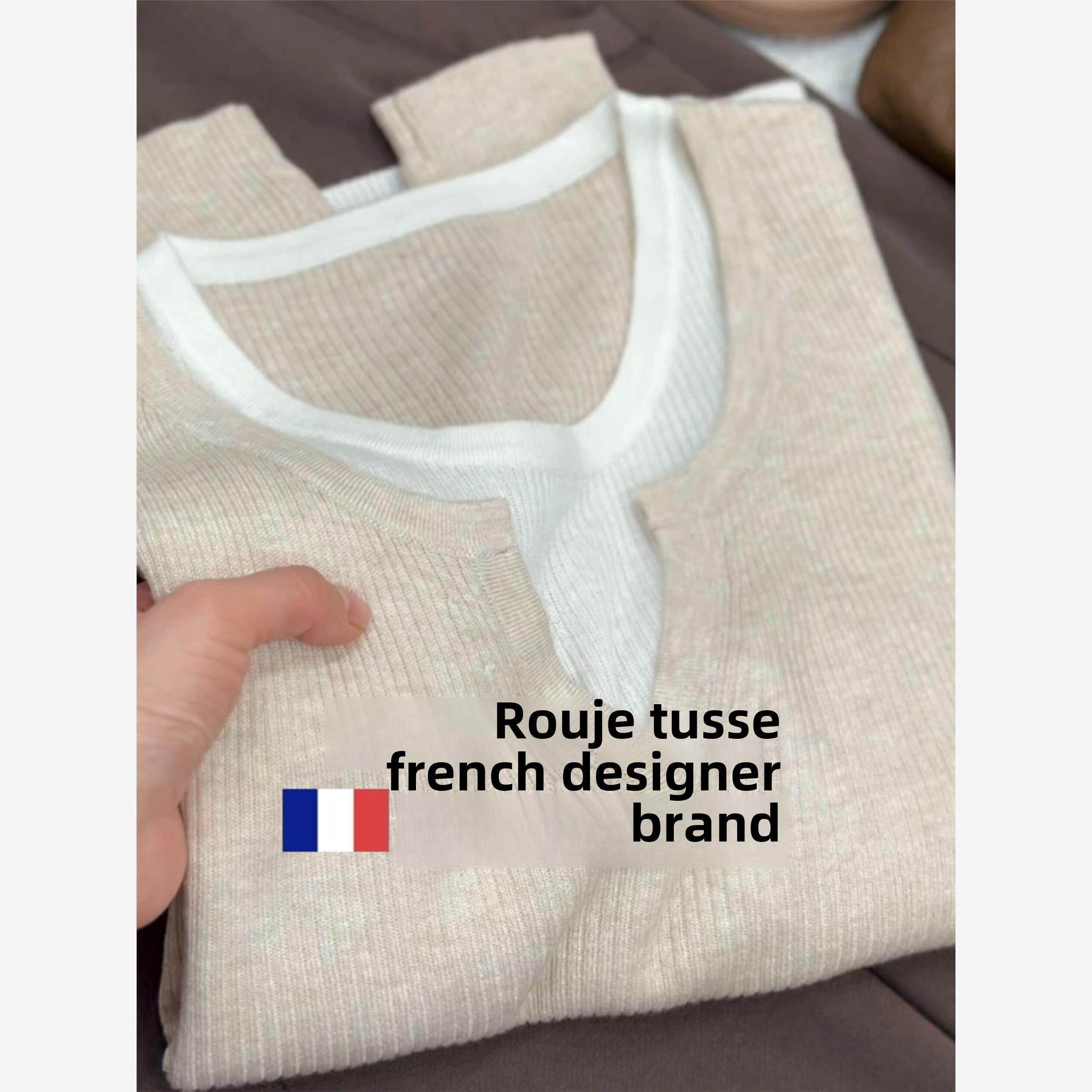 Rouje tusse羊毛V领打底衫女秋季假两件chic独特撞色羊绒针织毛衣