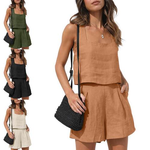 Womens Summer 2Pcs Outfit Sets Solid Color Sleeveless Sling