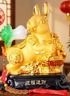 招财兔白菜摆件十二12生肖风水沙金木兔子新房礼物创意树脂工艺品