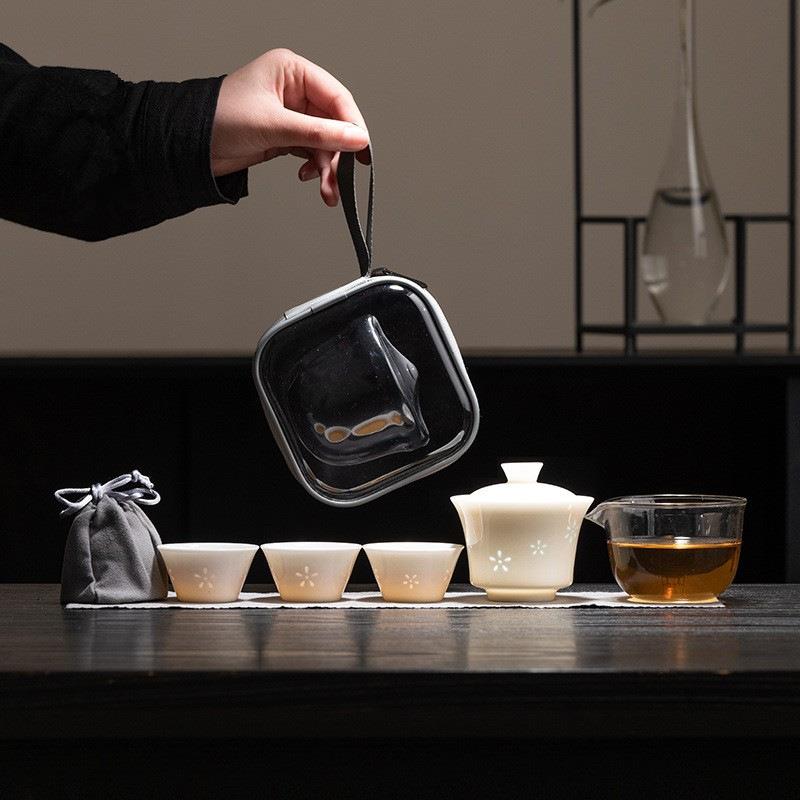 羊脂玉瓷玲珑旅行茶具套装便携式快客杯一碗三杯户外露营泡茶器图片
