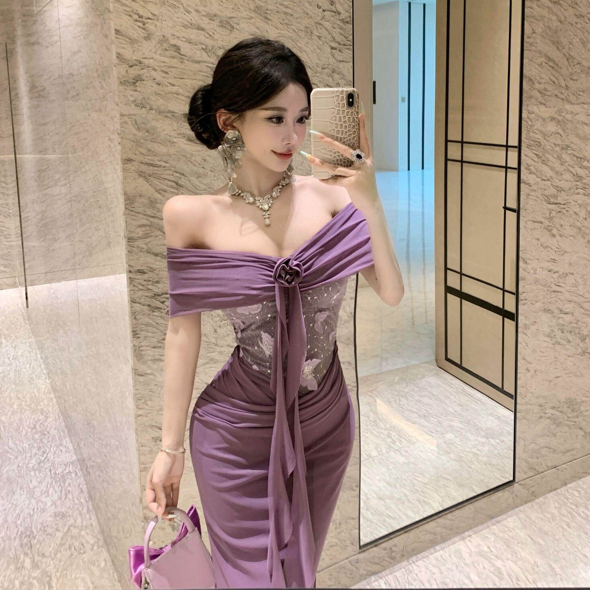 法式纯欲设计感辣妹露肩连衣裙女夏季性感显瘦修身包臀鱼尾长裙子