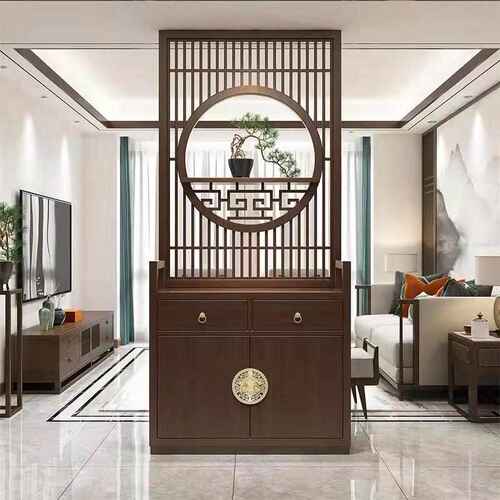 入户正对大门屏风隔断客厅遮挡装饰聚福新中式实木玄关柜鞋柜一体
