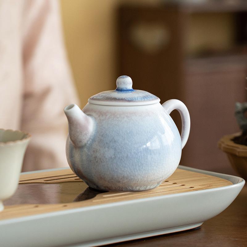 茶壶复古粗陶手工功夫壶陶瓷茶具家用泡茶壶孔过滤冰裂窑变蓝
