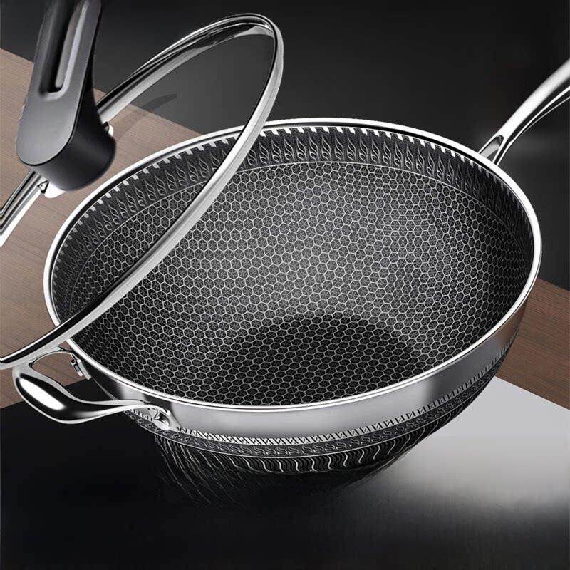 316不锈钢锅不粘锅双面蜜蜂煎锅无涂层电磁炉燃气灶家用