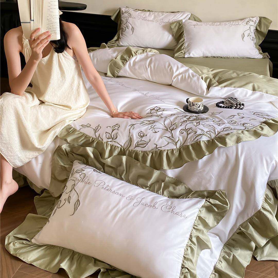 韩式田园风荷叶花边刺绣全棉贴身透气床品纯棉长绒棉四件套