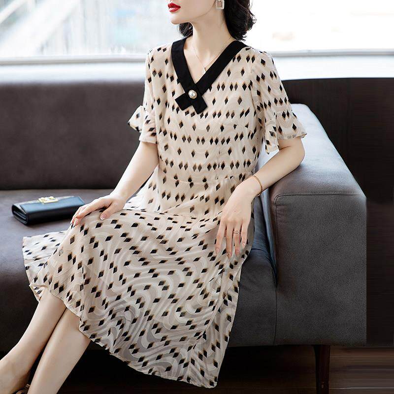 中老年女装真丝洋装桑蚕丝妈妈夏装2025新款五十多岁过膝长裙子