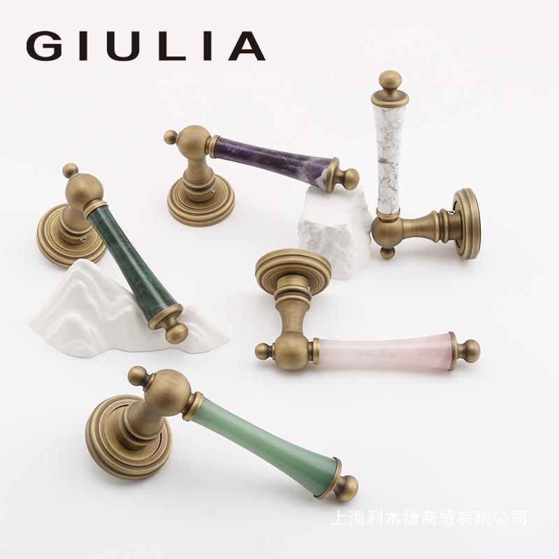 GIULIA紫粉绿水晶白绿大理石法式静音磁吸卧室门锁复古黄双开门