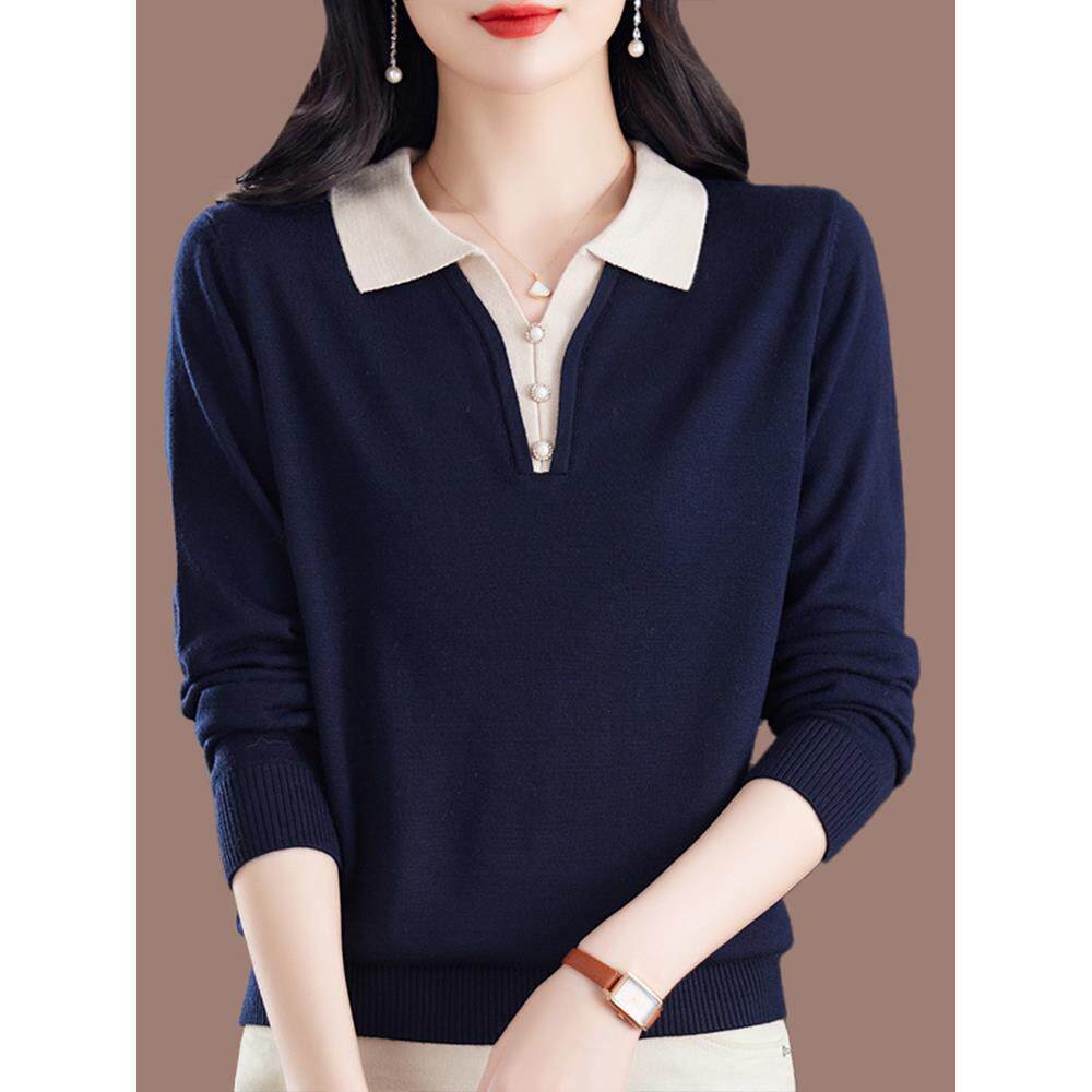 中年妈妈长袖t恤女春秋新款气质polo领桑蚕丝针织上衣薄款打底衫